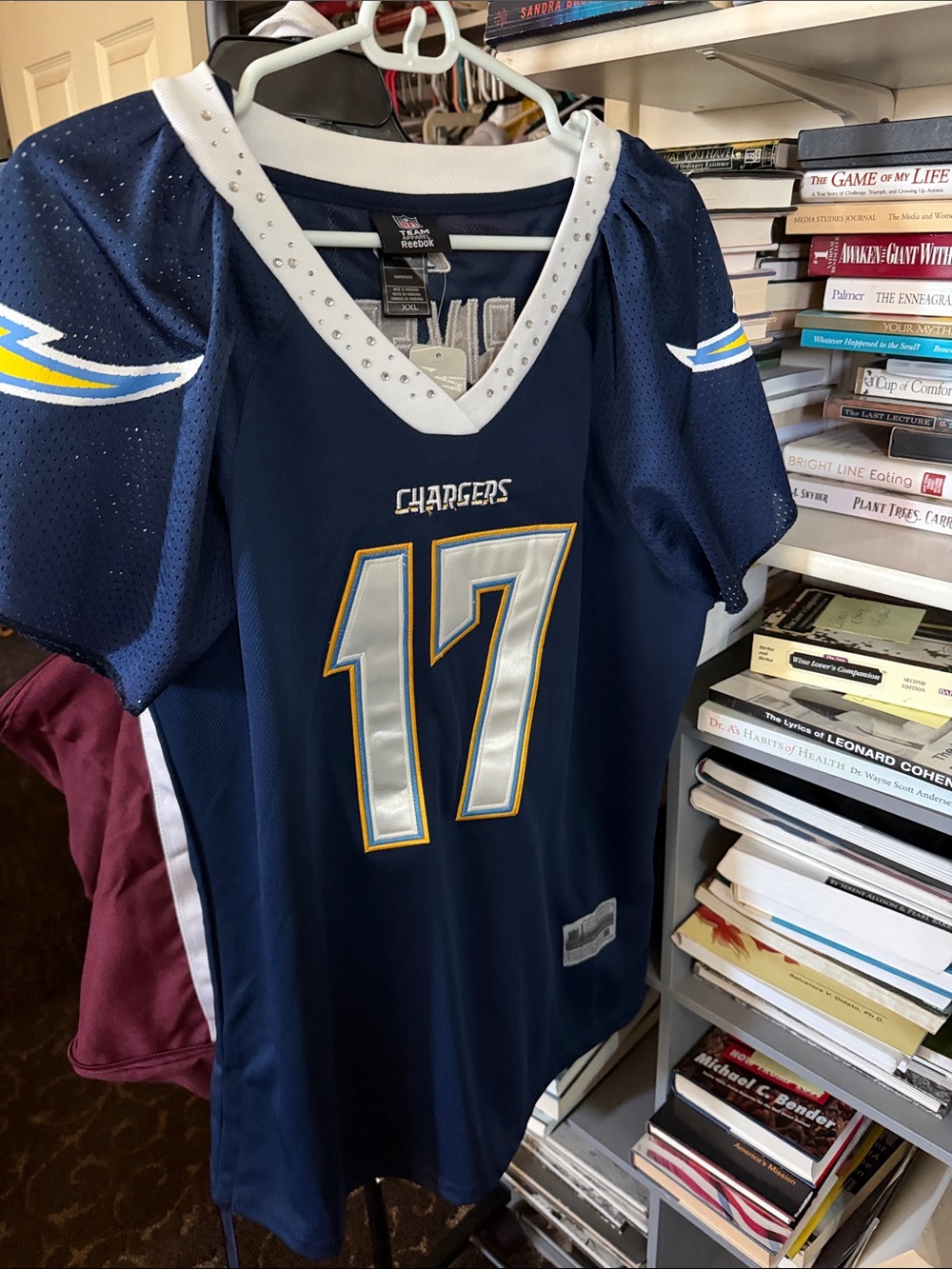 Reebok Navy Chargers #17 Football Jersey with White & Gold Accents